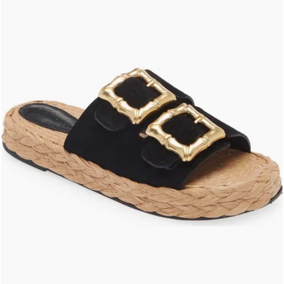 Schutz Enola Espadrille Rope Platform Sandal – Black Suede & Gold Buckle Size 8 - Picture 1 of 11